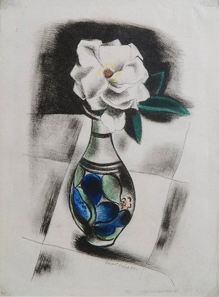 Ernest Fiene lithograph: Ernest Fiene- ''Still-Life with Magnolias''- lithograph with hand-coloring, 1927, signed and dated in pencil. 12 1/2 x 8 1/2''