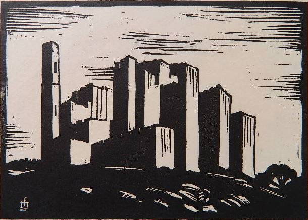 Mark Freeman linocut: Mark Freeman- New York Medical Center- linocut, 1930, signed, dated and inscribed 'A/P' in pencil. 6 x 8 1/4''