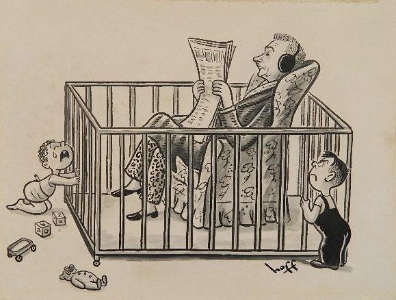 Syd Hoff pen and ink: Syd Hoff- Man in Crib- pen and ink on illustration board, signed Hoff. 11 x 15''