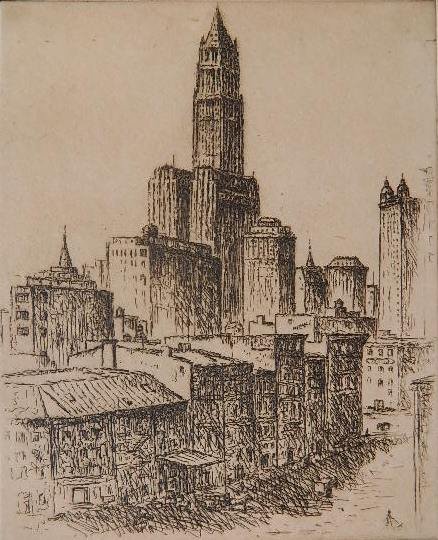 Werner F. Hoppe; Lionel Levy- 2 etchings: Werner F. Hoppe- Old and New New York- etching, signed in pencil, slightly light struck; and Lionel Levy- ''The Warwick''- etching, signed, titled and numbered '/75' in pencil, slightly light struck a