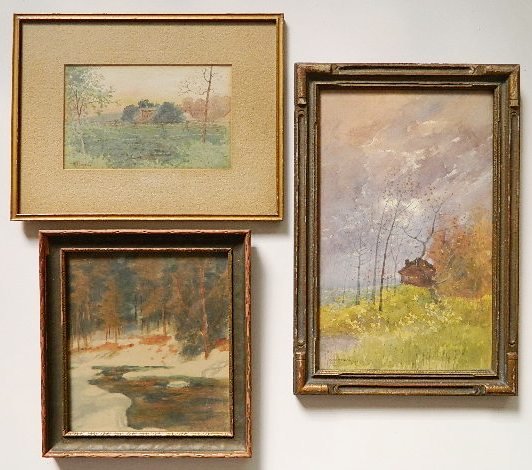 Hugh Huntington Howard 2 watercolors: Hugh Huntington Howard- Houses in Landscape- 2 watercolors on paper, both signed H. Howard lower left; together with an American School watercolor- Stream in Winter Landscape. various sizes