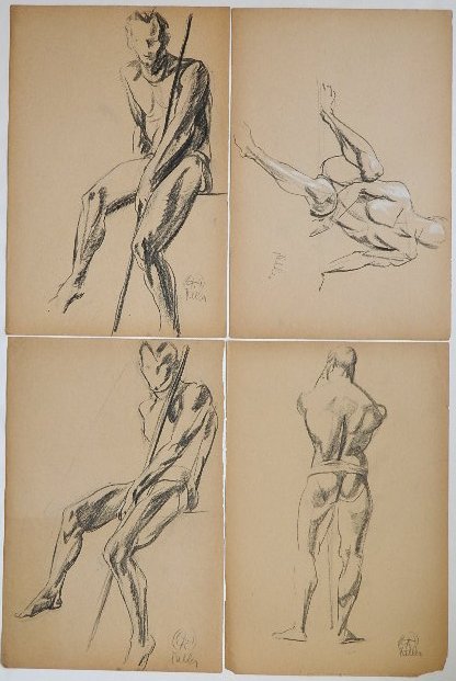 Henry G. Keller 4 charcoal drawings: Henry G. Keller- Male Nudes- 4 charcoal on paper, 1 with white highlight, all signed, age toned, few small tears along edges, various sizes.