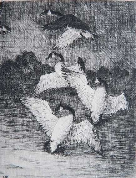 Hans Kleiber etching: Hans Kleiber- ''Frightened Geese''- etching, signed and titled in pencil.