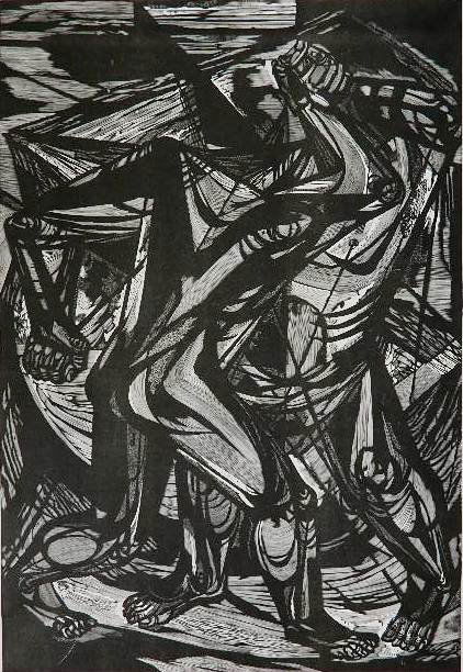 Misch Kohn wood engraving: Misch Kohn- ''Struggle'' (Hernandez 137)- wood engraving, 1949, unsigned proof, regular edition of 30, thin spot in paper- in the making of the paper. 23 1/8 x 15 7/8''