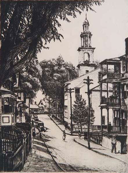 Max Kuehne drypoint: Max Kuehne- ''First Universalist Church, Gloucester''- drypoint, 1930, signed, dated and titled in pencil, stamped verso along bottom edge 'MAR 13, 1931'. 11 7/8 x 8 7/8''