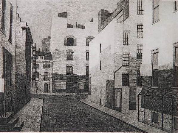 Armin Landeck etching and drypoint: Armin Landeck- ''City Lane'' (Kraeft 96)- etching and drypoint, 1945, signed, dated and inscribed 'Ed 100' in pencil, few small handling creases along edges, minor staining in margin and verso. 10 1/8