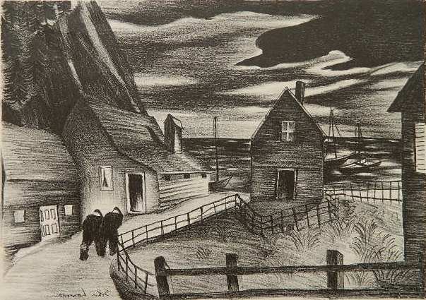 John Lonergan lithograph: John Lonergan- ''At The Dock''- lithograph, ca. 1940, signed. 9 5/8 x 13 3/4''