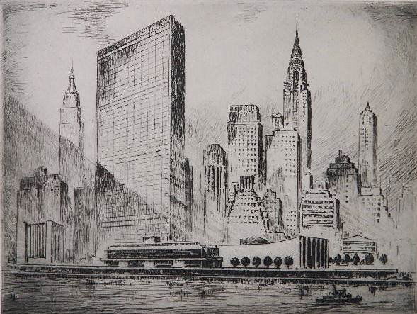 Nat Lowell etching: Nat Lowell- The United Nations (Czestochowski/AAA 1952.012)- etching, 1952, signed in pencil, AAA edition of 250, faintly light struck, small and minor foxing. 9 5/8 x 12 3/4''