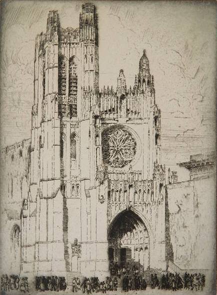 Bror J. O. Nordfeldt etching: Bror J. O. Nordfeldt- ''St. Thomas' Church, New York''- etching, signed in pencil, slightly light struck, laid down. 12 7/8 x 9 3/8''