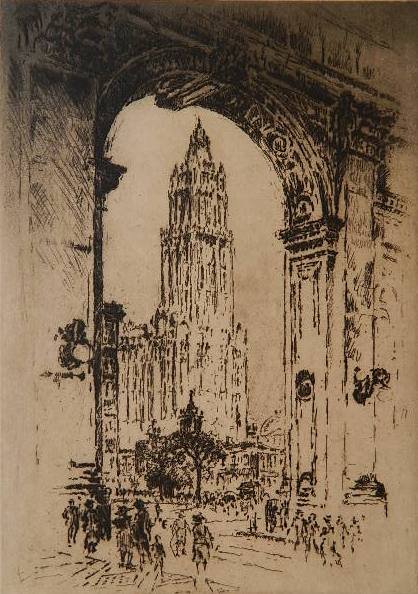 Joseph Pennell etching: Joseph Pennell- ''The Woolworth Building - Through The Arch'' (Wuerth 785)- etching, 1921, signed and numbered 8/150. 7 x 9 7/8''