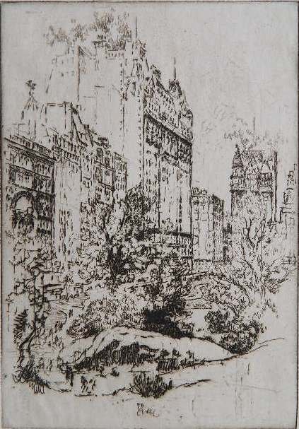 Joseph Pennell etching: Joseph Pennell- ''The Plaza From The Park'' (Wuerth 787)- etching, 1921, signed in pencil. 10 x 7''