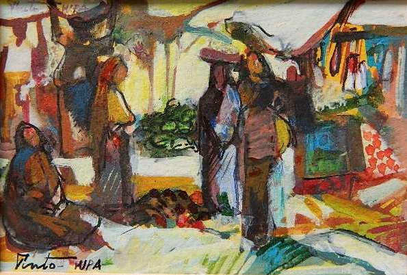 Pinto Whiskey Painter 1 watercolors: Pinto Whiskey Painter- ''Market''- 1 watercolor on paper, signed Pinto WPA, various sizes.