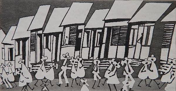 Emilio Sanchez etching: Emilio Sanchez- ''Jamaica'' (Czestochowski/AAA 1958.016)- etching, 1958, signed and titled in pencil, AAA edition of 250. 8 1/4 x 15 13/16''