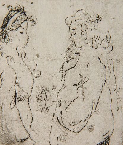 Clyde Singer 2 etchings: Clyde Singer- ''Landscape with Rain #2''; ''Small Talk''- 2 etchings, 1951, 1953, both signed and titled in pencil. 2 3/4 x 4''; 2 x 1 3/4''