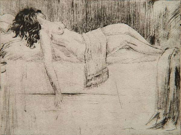 Clyde Singer etching: Clyde Singer- ''Sunbather''- etching, 1953, signed and titled in pencil. 4 7/8 x 6 1/2''
