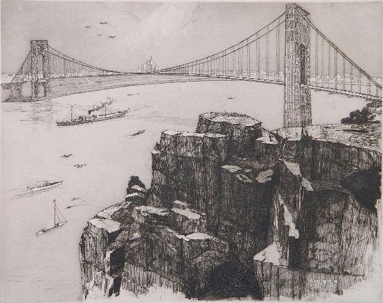 Otto Wackernagel etching: Otto Wackernagel- ''George Washington Bridge'' (Czestochowski/AAA 1944.066)- etching, 1944, signed in pencil, AAA edition of 250, slight age toning, few minor foxing verso. 10 1/2 x 13 1/4''
