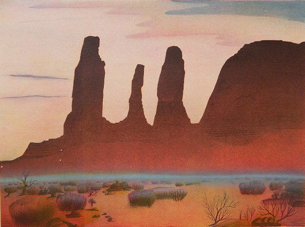 Buell Whitehead lithograph: Buell Whitehead- ''Three Sisters''- lithograph in colors, 1946, signed, dated and titled in pencil, 3 small holes punctured in image; together with a Hannes Bok lithograph (hole in image). 13 x 17 3/8