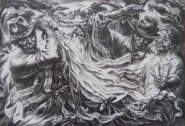 Charles Banks Wilson lithograph: Charles Banks Wilson- Mexican Celebration- lithograph, signed in pencil, minor handling creases, thin paper spots along edges of sheet. 9 1/4 x 13 5/8''