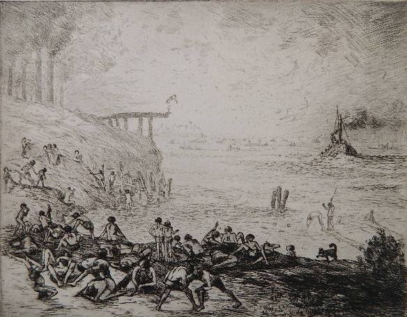 Irving Wolfson etching: Irving Wolfson- ''Dead End''- etching, signed, titled and inscribed 'Ed.99' in pencil, slightly light struck. 10 13/16 x 13 15/16''
