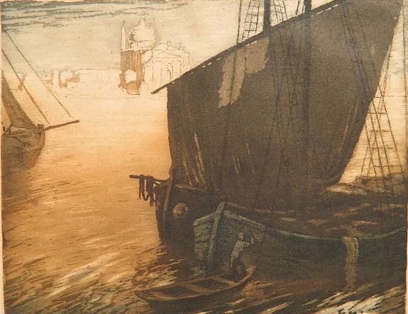 20th c. German School 2 drypoints: 20th c. German School- Venice Scenes- 2 drypoints, ca. 1920, both signed in pencil. 9 5/8 x 5 7/8''; 7 1/4 x 9 1/4''
