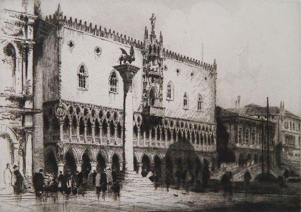 Andrew F. Affleck etching and drypoint: Andrew F. Affleck- Doge's Palace- etching and drypoint, signed in pencil, horizontal soft creases in bottom margin, well away from image. 8 1/4 x 11 1/2''