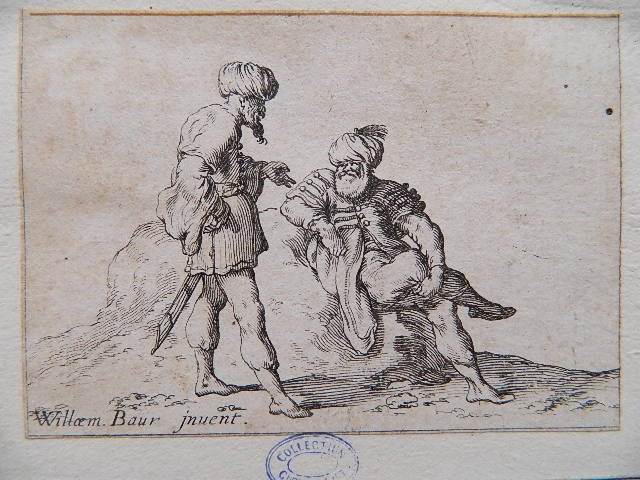 Johann-Wilhelm Baur etching: Johann-Wilhelm Baur- ''Two Oriental Men Conversin''- etching. 3 x 4 1/8''