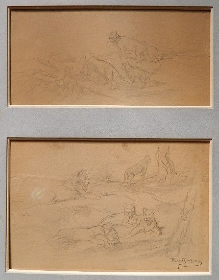 Rosa Bonheur 2 graphite sketches: Rosa Bonheur- Lions- 2 graphite sketches on illustration board (matted together), 1 stamped signature, age toning, minor staining, various sizes.