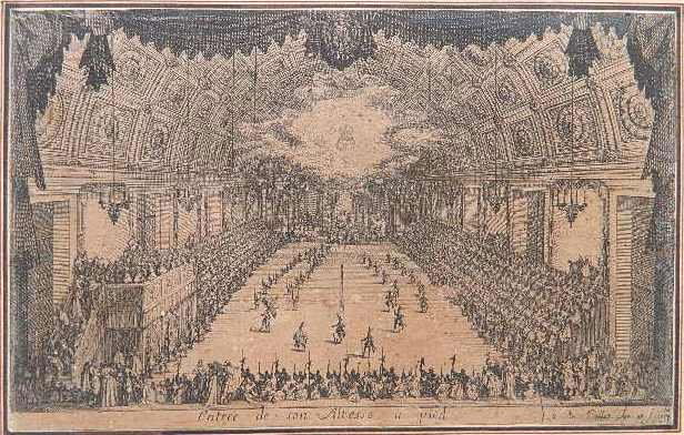 Jacques Callot etching: Jacques Callot- ''Entree de son Alresse a Pied''- etching, light struck, and foxing throughout. 6 x 9 1/2''