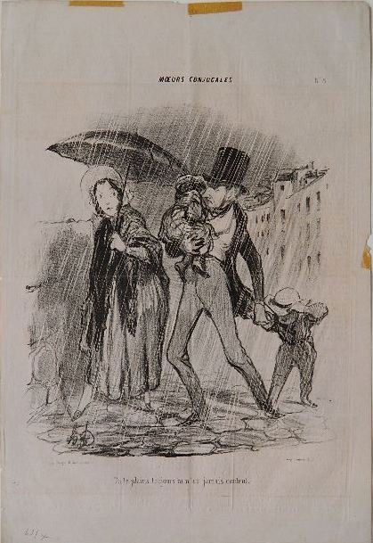 Honore Daumier lithograph: Honore Daumier- ''Tu te plains toujours tu n'es jamais content''- lithograph, from series 'Moeurs Conjugales', as published in 'Le Charivari', small tears along edges, carses. 9 1/4 x 8 1/4''