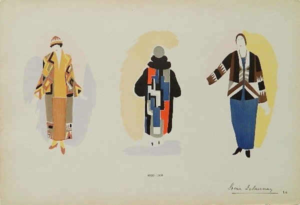 Sonia Delaunay pochoir: Sonia Delaunay- Untitled- pochoir in colors, 1925, from the volume 'Sonia Delaunay, Ses Peintures, Ses Objets, Ses Tissues Simultanes Ses Modes', facsimile signature and number 14. 14 1/8 x 21 1/8''