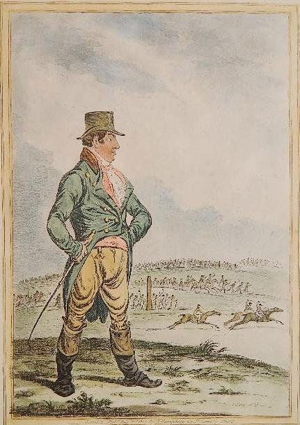 James Gillray etching: James Gillray- ''A Great Man on The Turf - or - Sir Solomon in all his Glory''- etching with hand-coloring, 1803, published by H. Humphrey, London, a couple of surface dents lower right in image. 12 1