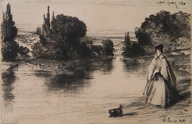Francis Seymour Haden etching and drypoint: Francis Seymour Haden- ''The Towing Path'' (Schneiderman 72)- etching and drypoint, 1864, light struck. 5 9/16 x 8 1/2''