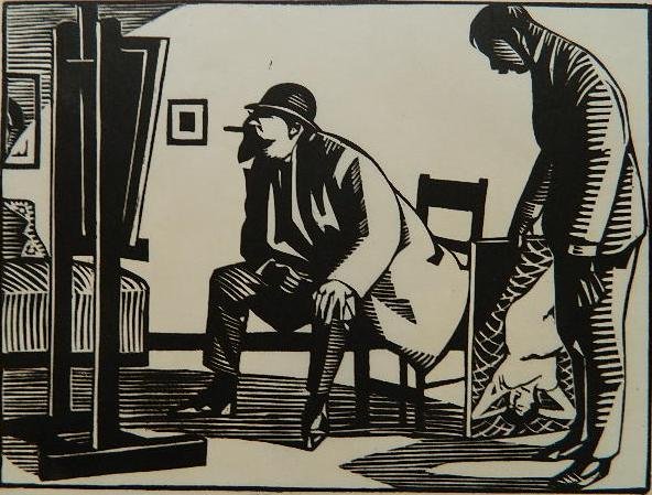 Rene Hermann-Paul woodcut: Rene Hermann-Paul- Studio Visit- woodcut, ca. 1920. 7 1/4 x 9 5/8''
