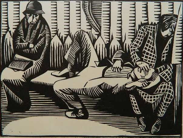 Rene Hermann-Paul woodcut: Rene Hermann-Paul- Weary Travelers- woodcut, ca. 1920. 7 1/4 x 9 5/8''