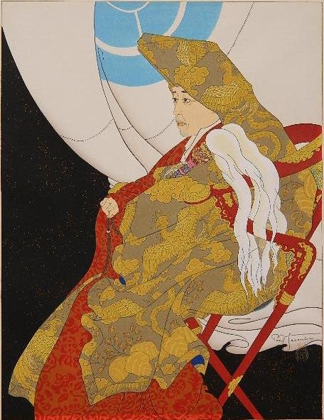 Paul Jacoulet woodblock: Paul Jacoulet- ''La Dieu Vivant, Nagtano, Japan'' (Miles 125)- woodblock in colors, 1952, signed in pencil, seal of owl, carver: Maeda, printer: Onodera, edition of less than 165. 15 x 11 1/2''