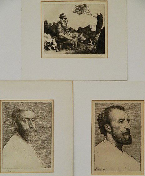 A. Legros; W. Strang - 3 etchings: Alphonse Legros- Portraits- 2 etchings; together with William Strang- Figure and Pig in Landscape- etching, various sizes.