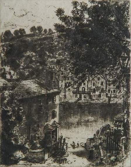 Theodore Roussel etching and drypoint: Theodore Roussel- The Ferry Inn (Hausberg 96, iv/IV)- etching and drypoint, 1911, edition of 24 in all states, Ex. Coll: E. A. Scollin M.D. as stamped verso, a marking in pen and ink lower right corne