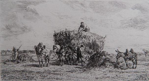 Jules Jacques Veyrassat etching: Jules Jacques Veyrassat- ''The Hay Wagon''- etching, 1870. 3 3/4 x 6 7/8''