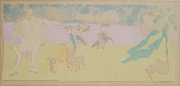Jacques Villon silkscreen: Jacques Villon- Bucolique- lithograph in colors, signed in pencil, light struck and mat burn, few foxing. 8 1/2 x 19 1/2''