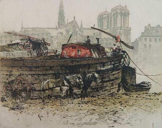 Franz Wolf etching: Franz Wolf- Harbor Scene- etching in colors, signed and numbered 71/300 in pencil; together with an engraving after Piranesi. 10 1/8 x 12 3/8''; 15 1/2 x 21 3/4''