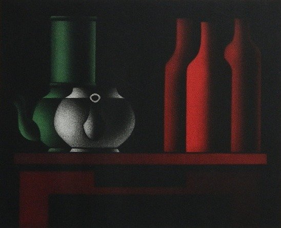 Mario Avati mezzotint: Mario Avati- ''Oupbesque tout est vert''- mezzotint in colors, c. 1973, signed, dated, titled and inscribed 'Epreuve d' Artiste' in pencil. 9 x 11''