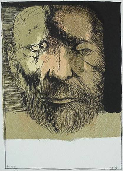 Leonard Baskin lithograph: Leonard Baskin- ''Self-Portrait''- lithograph in colors, 1983-84, signed in pencil, edition of 260, The Print Club of Cleveland publication no. 63, very good condition. 10 1/2 x 7 1/2''