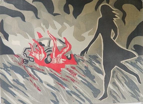Richard Bosman woodcut with silkscreen: Richard Bosman- ''Car Crash (grey state)''- woodcut with silkscreen in colors, 1981-82, signed and numbered 23/60 in pencil. 47 3/4 x 34 3/4''