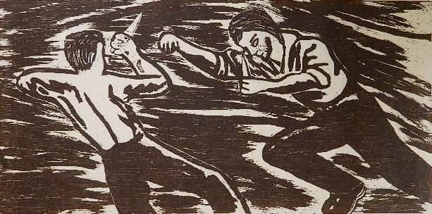 Richard Bosman woodcut: Richard Bosman- ''The Fight''- woodcut, 1982, signed and numbered 12/36 in pencil. 51 x 27 1/2''
