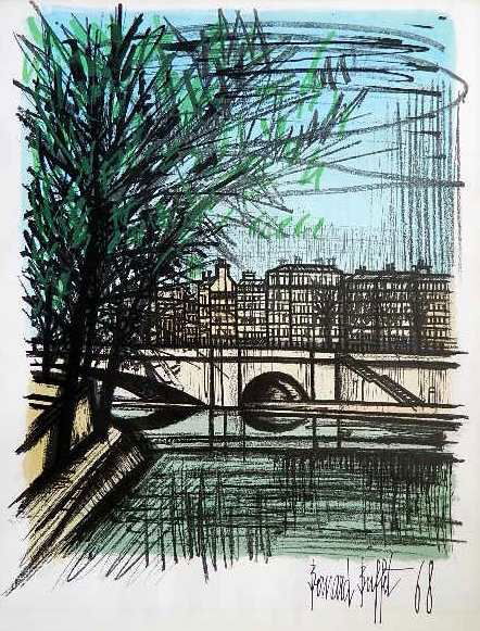 after Bernard Buffet lithograph: after Bernard Buffet- Parisian Scene- lithograph in colors, 1958, as published by Collector's Guild. 23 x 18''