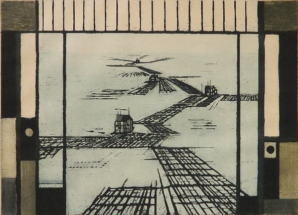 Otto Eglau etching: Otto Eglau- Ami Fenster-Japan- etching in colors, 1964, signed, dated, titled and numbered 3/50 in pencil, paper slightly age toned. 15 1/2 x 21 1/4''