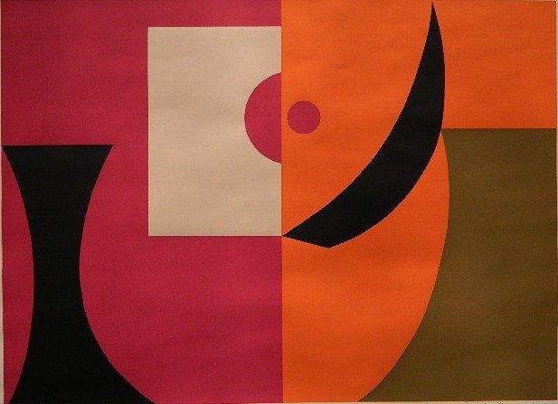 Douglas Mazonowicz 4 silk-screens: Douglas Mazonowicz- ''Spring - Yellow Circle Supported''; ''Summer - Black Segment Reclining''; ''Autumn - Pale Square Suspended'' and ''Wintery - Pink sphere Ascending''- 4 silk-screens in colors, al