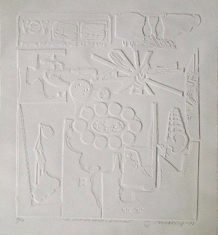 Brita Molin inkless intaglio: Brita Molin- ''Ou Sont Les Neiges d'Antan''- inkless intaglio, 1973, signed, titled, dated and numbered 2/10 in pencil. 22 x 19''