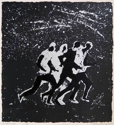 Arthur Secunda silkscreen: Arthur Secunda- ''Springande Grupp''- silkscreen in colors, 1968, signed, dated, titled and numbered 8/50 in pencil. 19 1/2 x 17 1/2''