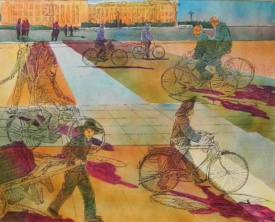 Phyllis Seltzer heat transfer print: Phyllis Seltzer- ''Vietnamese Bicycles''- heat transfer print, signed in pencil. 24 x 29''